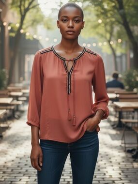 DR2 Terracotta Boho Tunic Blouse w/Braided Neckline and Tassels Women’s Size S